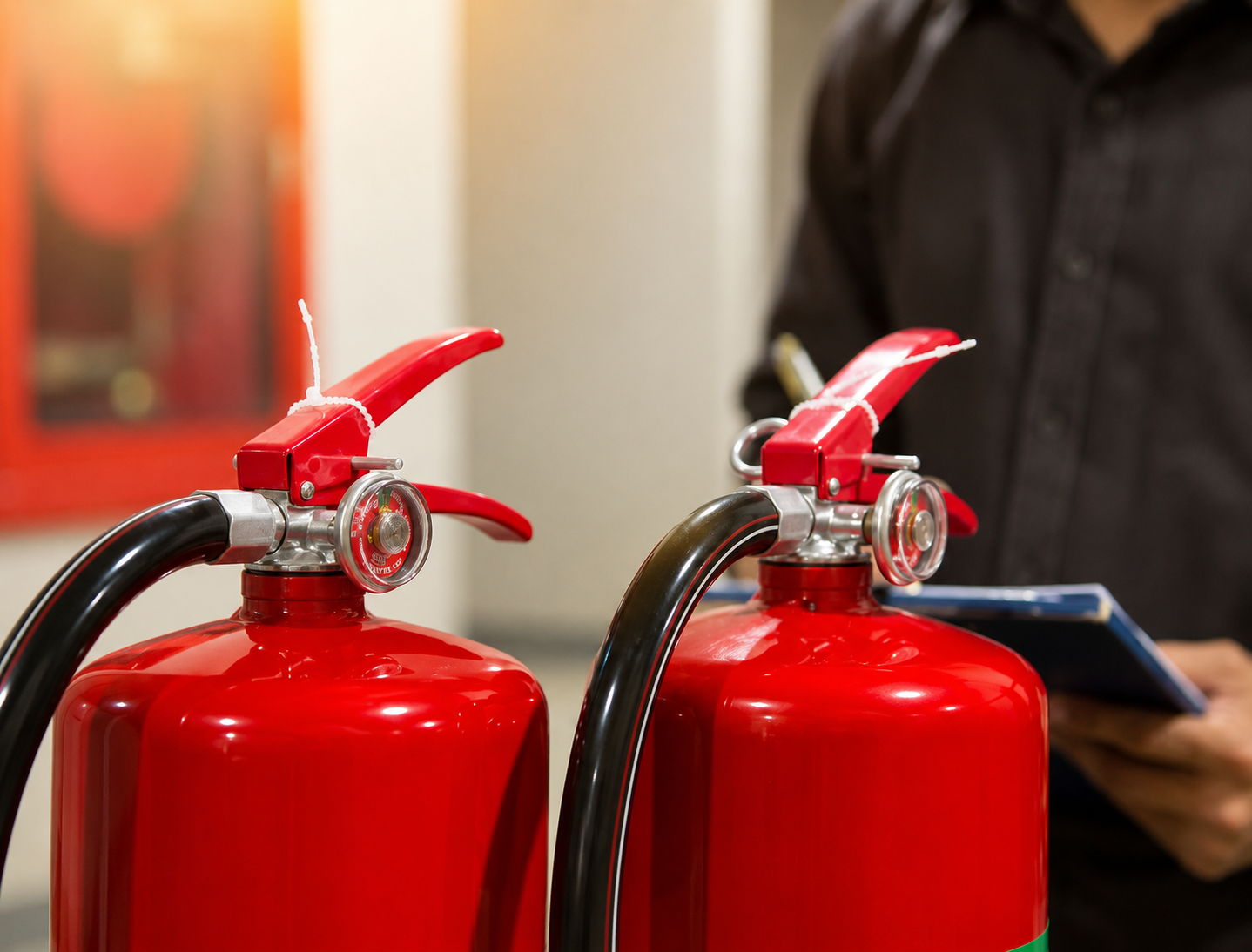 Zwei rote Feuerlöscher werden für die Wartung vorbereitet