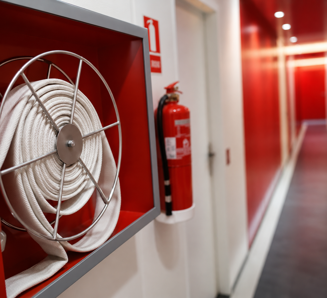 Brandschutztechnik mit Wandhydrant und Feuerlöscher in einem Gebäude