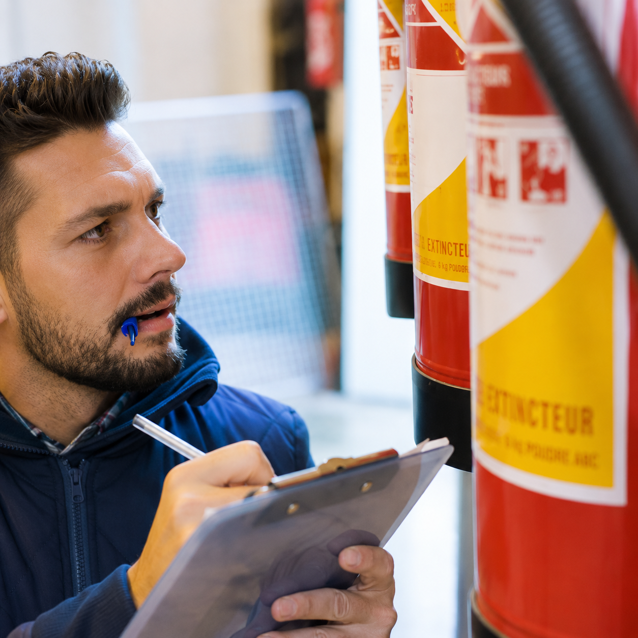 Fachkraft dokumentiert Brandschutzprüfung