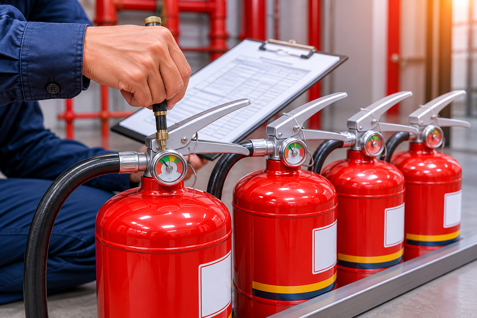 Servicemitarbeiter prüft Feuerlöscher vor Ort